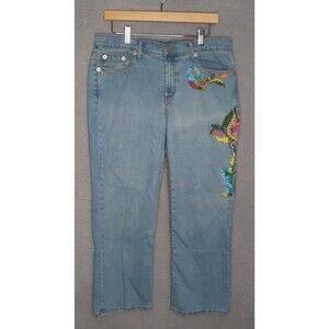 Z Cavaricci Jeans 14 Blue Floral Embroidered Vintage Floral Mid Rise Crop Capri